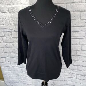 Rafaella vneck 3/4 sleeve top w/beading black size M women